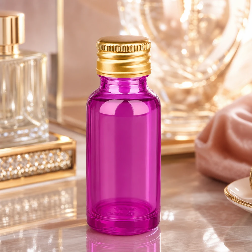Elegant 20 ml parfymflaska i violett glas med guldlock i metall för exklusiva dofter