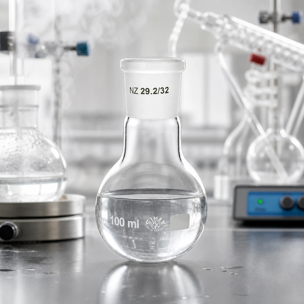 Stående kolv 100ml med standardslipad fog (29/32) Kompakt 100 ml laboratoriekolv med rund botten och NS 29/32 slipad fog för destilleringsprocesser