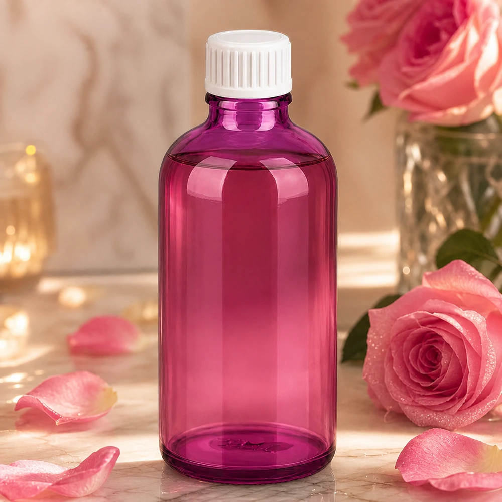 Lila glasflaska 100 ml med vitt lock för aromaterapi och naturkosmetika