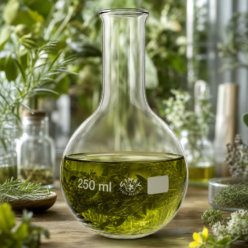 Kolv 250ml smal hals Klarglasflaska 250 ml med grön örtinfusion och smal hals för botaniska extrakt