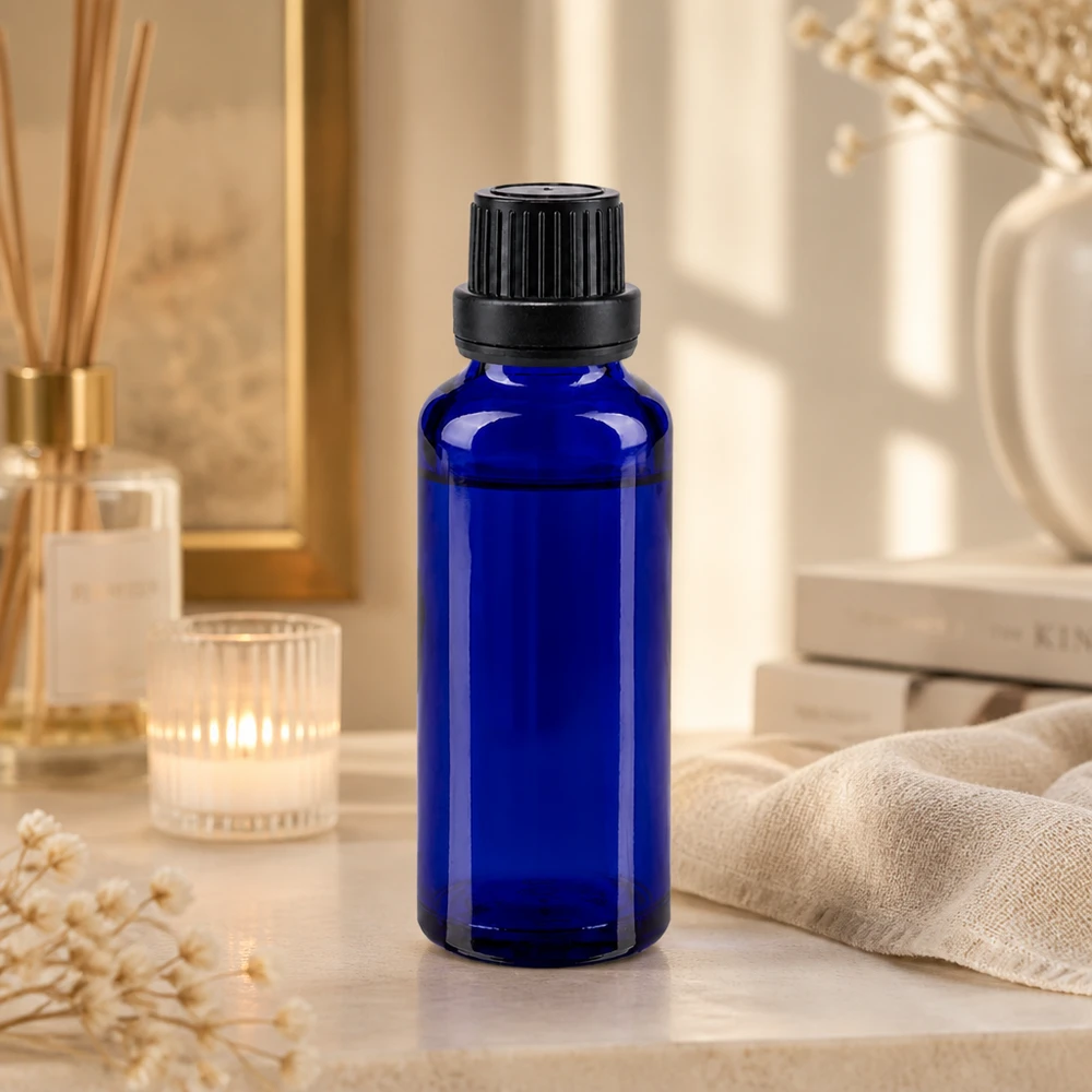 Apoteksflaska blå 30ml skruvkork svart manipuleringssäker förslutning Blått UV-skyddsglas, 30 ml-flaska med svart originalförslutning för naturkosmetik