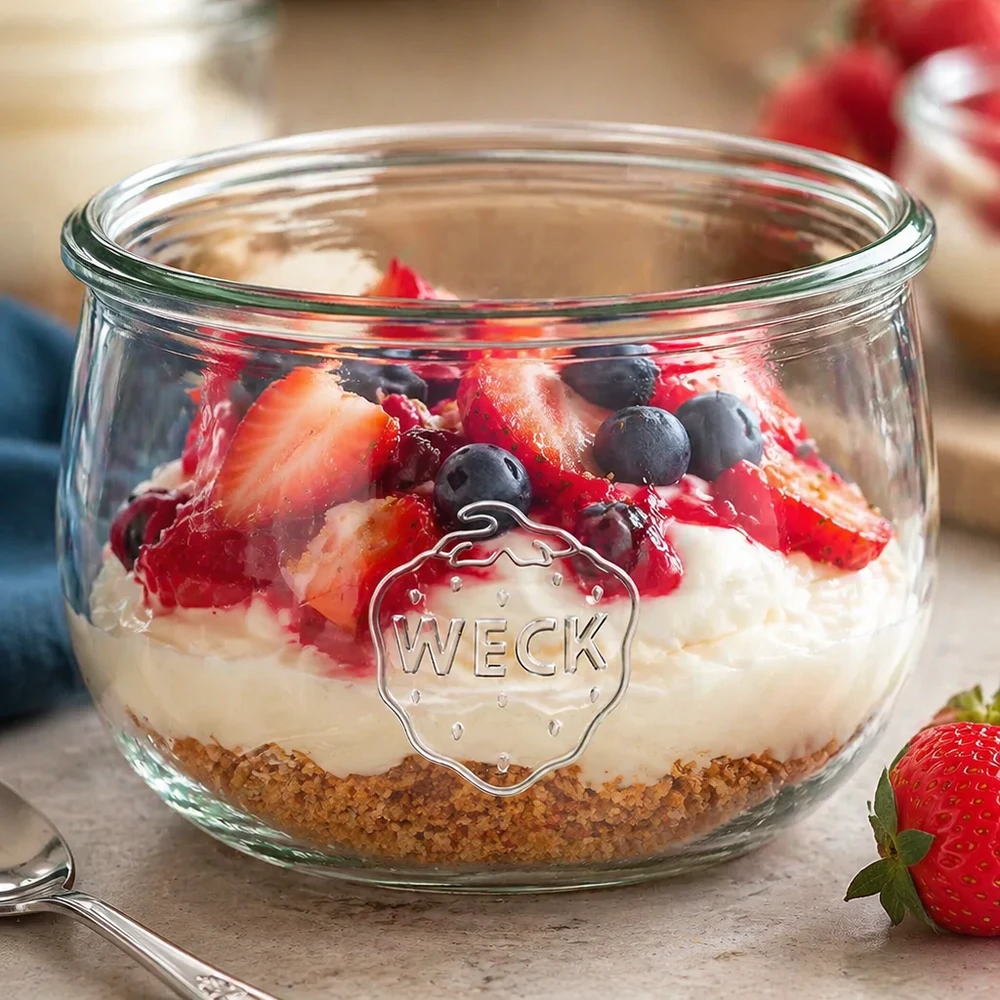 WECK 580ml tulpanburk RR100 med lagrad dessert av kexbotten grädde och färska bär jordgubbar blåbär