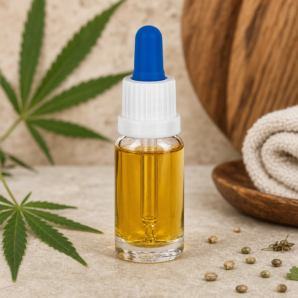 10ml Pipettflaska vit/blå med manipulationsskyddat lock ClearLine UT18/10 10 ml pipettflaska i klart glas fylld med CBD-olja samt cannabisblad och hampfrön