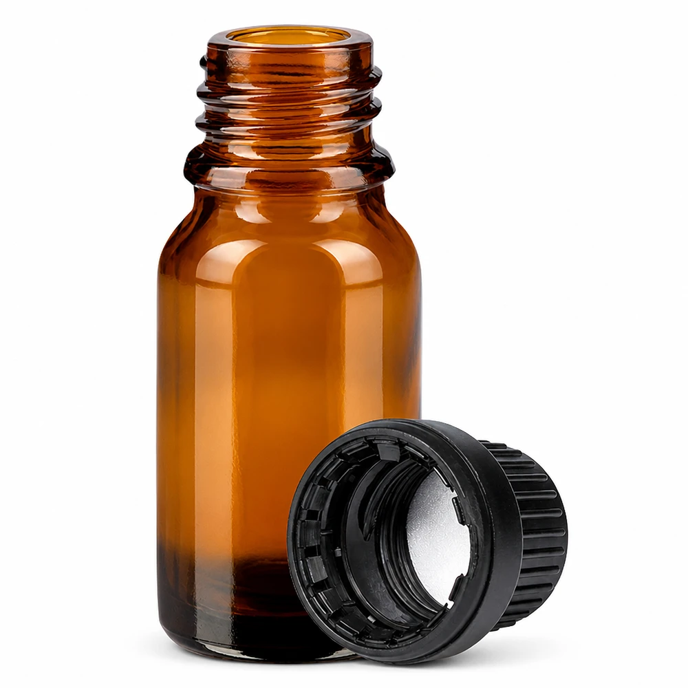 10ml flaska 11mm skruvkork svart sabotagesäker capII BrownLine UT18/10 10 ml bärnstensfärgad glasflaska UT18/10 med SV svart OV för läkemedels- och laboratorieapplikationer