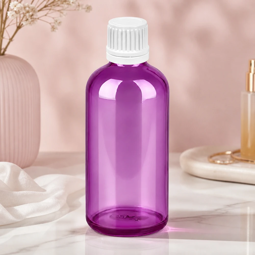 100ml flaska 11mm skruvkork vit Originality skruvkork PurpleLine UT18/100 Högkvalitativ 100 ml glasflaska i ljust violett med robust vitt lock för säker förvaring