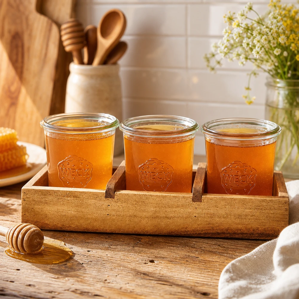 Serveringsbricka Box3 av akaciaträ för 3 WECK tumblers. Serveringsbräda Box3 akaciaträ tre WECK burkar honung honung sked köksinredning varmt ljus naturligt trä korn