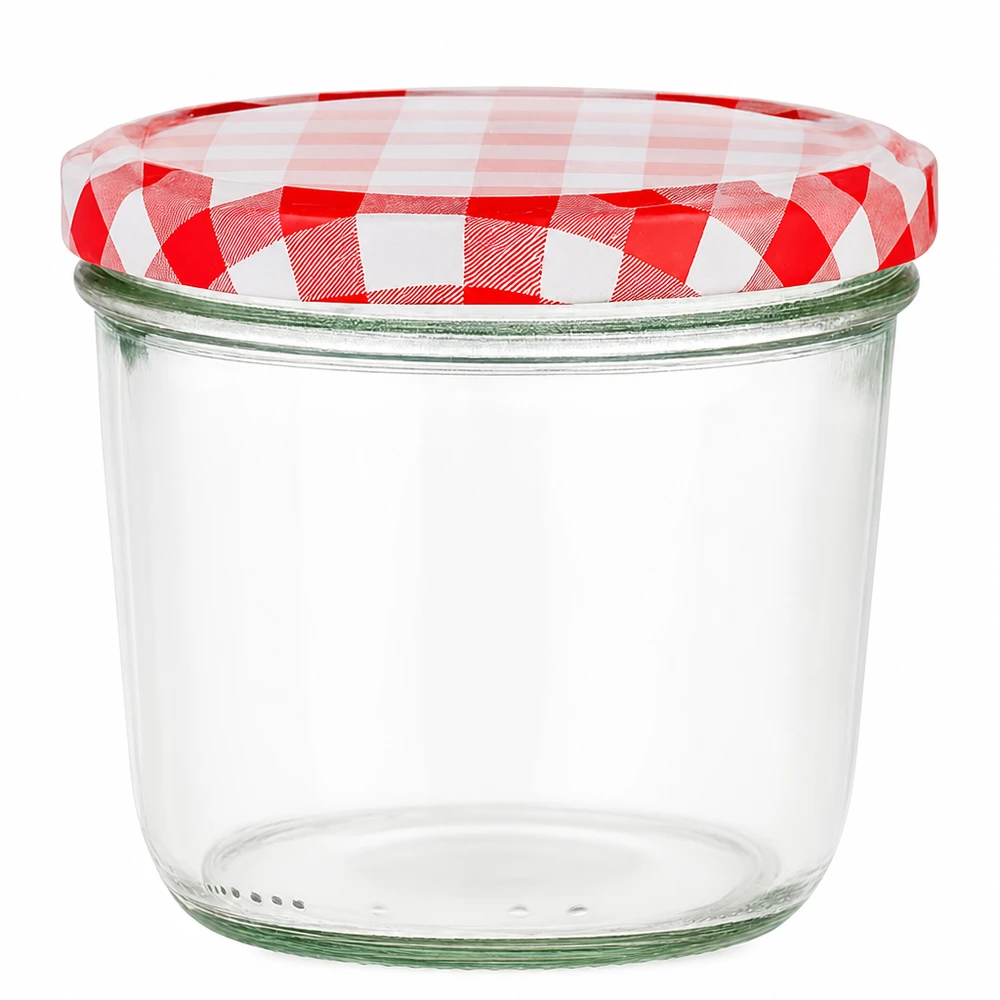 230 ml-glas med röd- och vitrutigt BasicSeal-lock för sylt och konserver