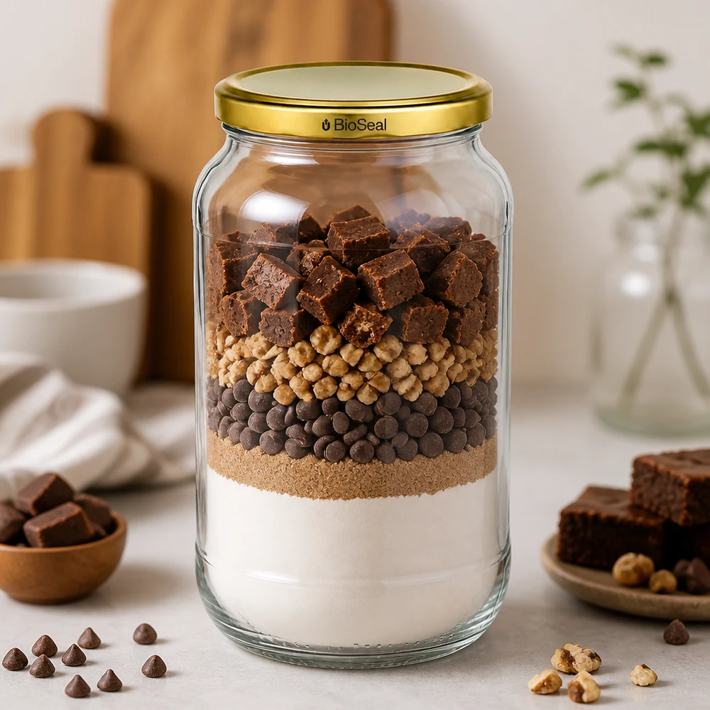 1062ml rund burk med guld UNiTWIST BioSeal-lock UNiTWIST Runda1062 Lagerburk brownie mix choklad nötter TO82 BioSeal guldlock bakmix förvaringsburk