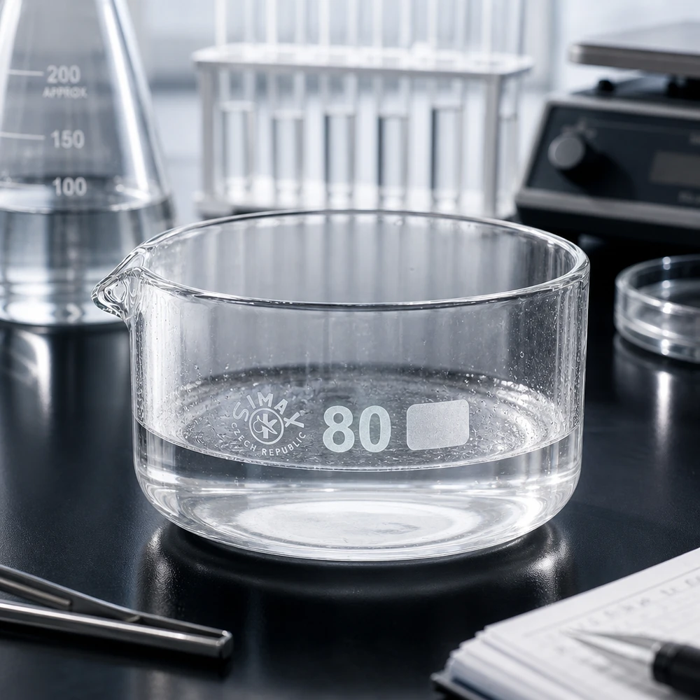 150ml kristalliseringsskål med pip borosilikat ø80mm Genomskinlig kristalliseringsskål, 150 ml, med utgjutning på svart laboratorieunderlag, ø80 mm, SIMAX