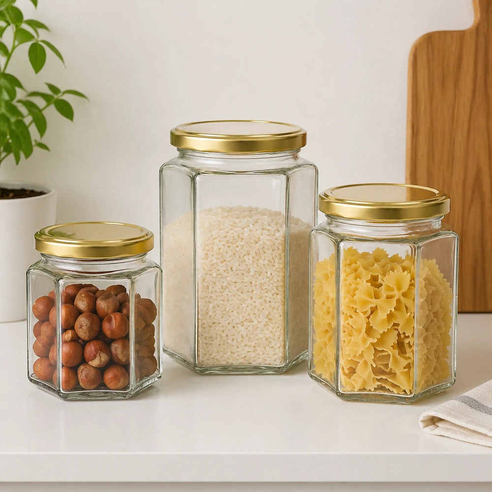 500 g honungsburk med gyllene lock BasicSeal UNiTWIST Tre 500g honungsburkar BasicSeal olika storlekar fyllda med gyllene lock nötter ris pasta förvaring förvaring