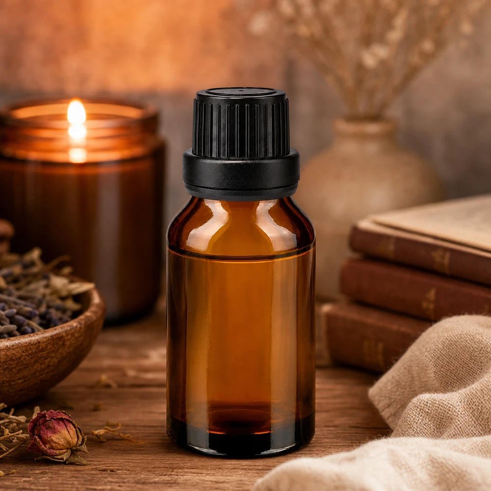 Aromaterapi-apotekarflaska, 15 ml, brunt glas med svart skruvlock för eteriska oljor