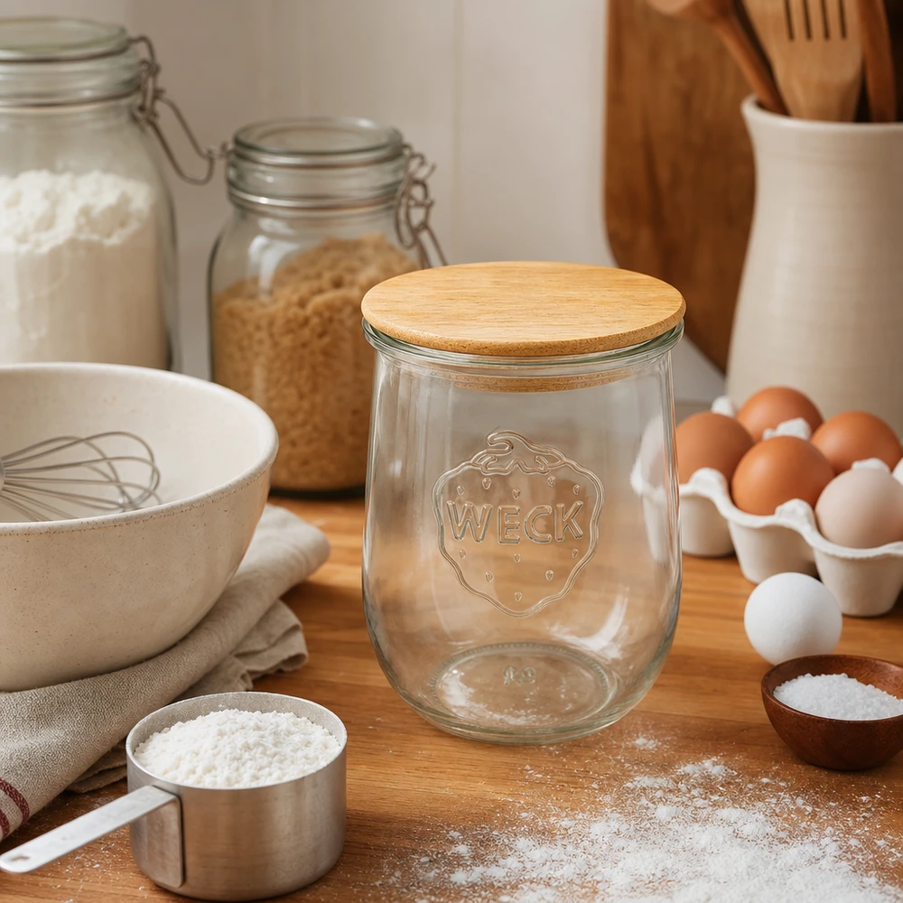 WECK tulpanburk RR100 1062ml tom med trälock i rustikt kök mellan bakning ingredienser ägg mjöl redskap