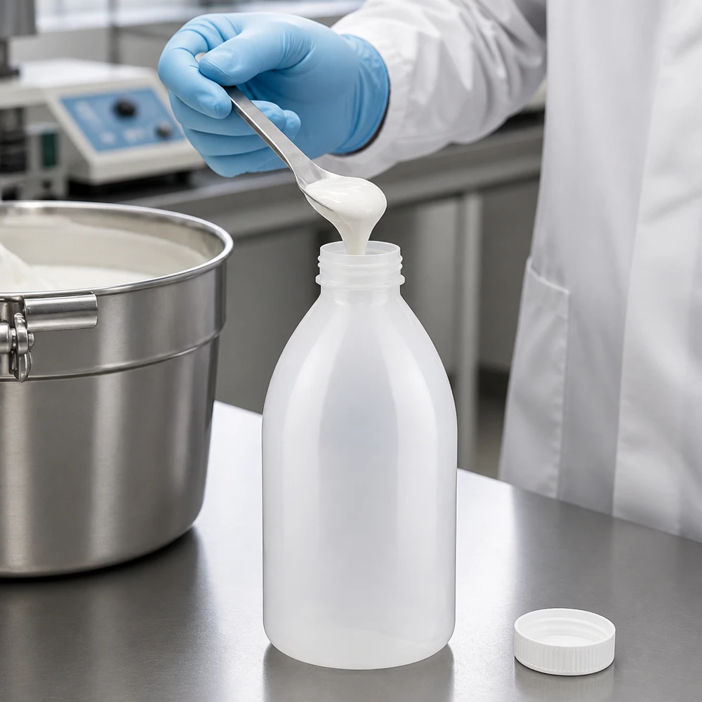 1000ml skruvflaska, laboratorieflaska med smal hals Schutzhandschuh hält Spatel über geöffnete 1000ml Enghals Flasche mit Schraubverschluss