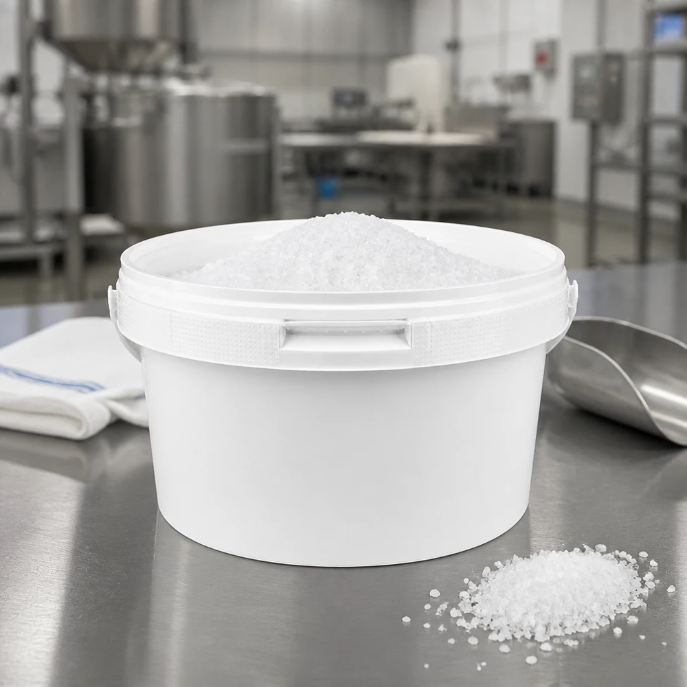 3,5-liters hink i vit polypropenplast med lock Saltförvaringshink, 3,5 l, vit PP-plast med lock för livsmedelsindustrin och tillverkning