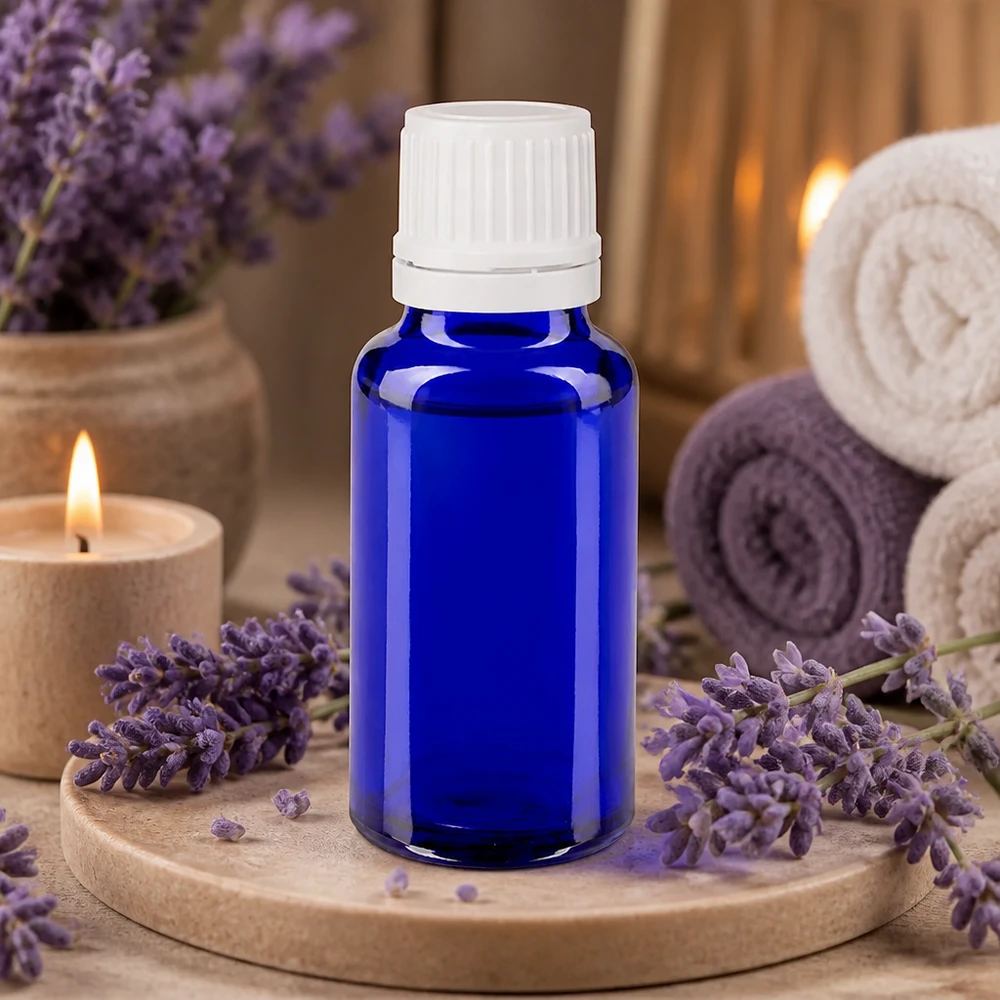 Apoteksflaska blå 20ml skruvkork vit med säkerhetsförslutning Blå glasflaska på 20 ml med vitt barnsäkert lock, omgiven av lavendelblommor och ljus