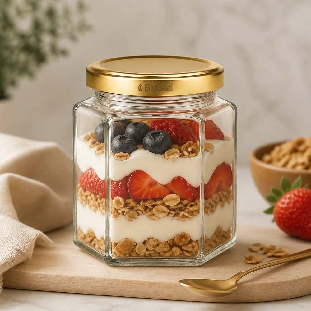 390 ml Hexa-burk med BioSeal-lock i guld UNiTWIST UNiTWIST Hexa390-burk med TO70 BioSeal-lock fylld med müsli, yoghurt och bär som en parfait på en träskiva