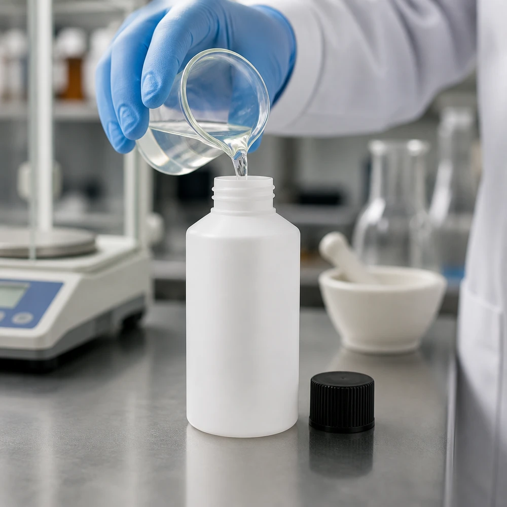 HDPE-apotekflaska, 50 ml, vit, med barnsäker svart förslutning för kemikalier