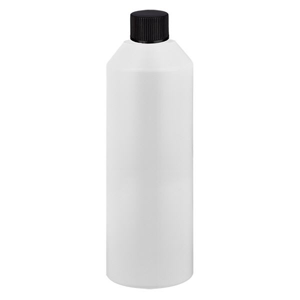 Apoteksflaska HDPE 250ml vit, med svart skruvlock Apoteksflaska HDPE 250ml vit, med svart skruvlock