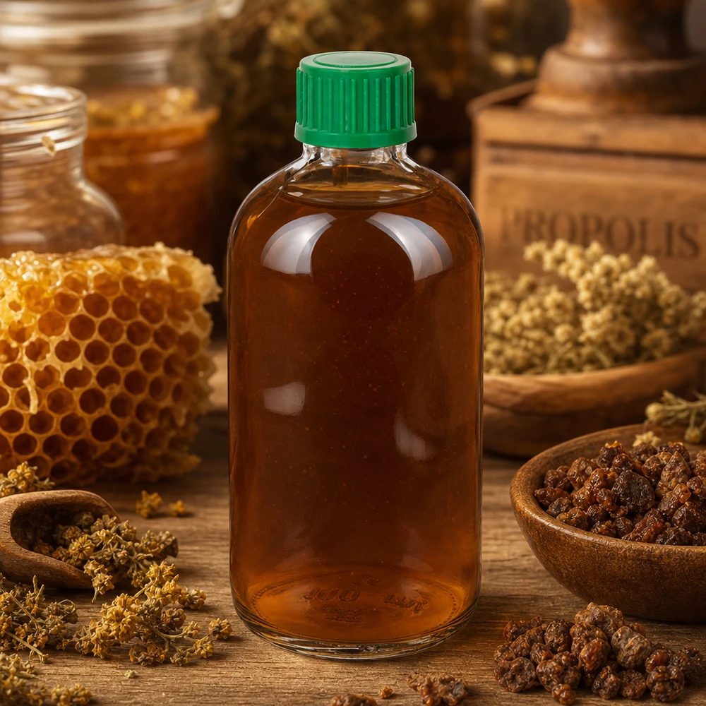En fylld 100 ml ClearLine-droppflaska med propolis-extrakt och bikaka i bakgrunden