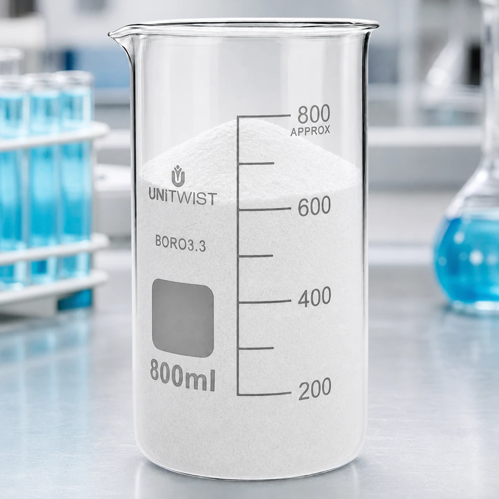 Bägare 800ml borosilikat, högformad UNiTWIST UNITWIST bägare, 800 ml, hög modell, fylld med vitt pulver på ett laboratoriebord, borosilikatglas