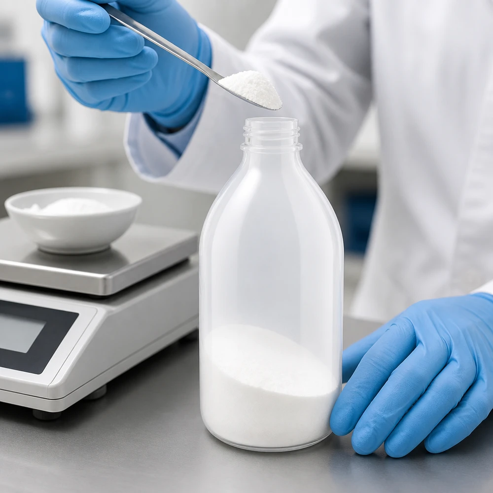500ml laboratorieflaska med smal hals utan lock 500 ml laboratorieflaska med smal hals utan lock, fylld med vitt pulver i laboratoriemiljö