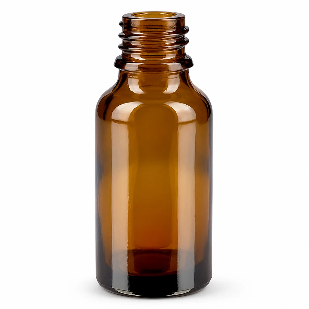 Droppflaska 30 ml DIN 18 bärnstensfärgat glas LOW SHAPE 30 ml apoteksflaska i brunt glas med skruvgänga för eteriska oljor och läkemedel