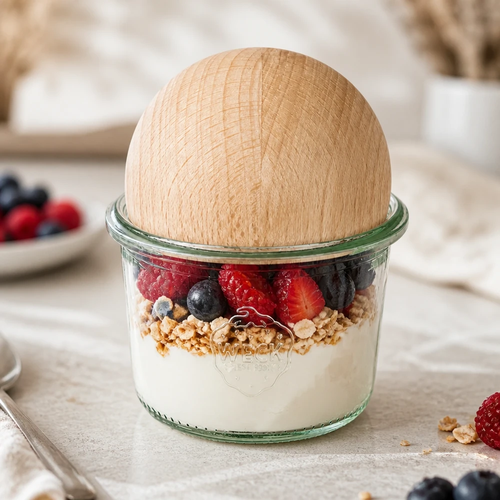 WECK 80 ml RR60-glas med boll i bokträ fyllda med yoghurt, granola och bär som en frukostparfait