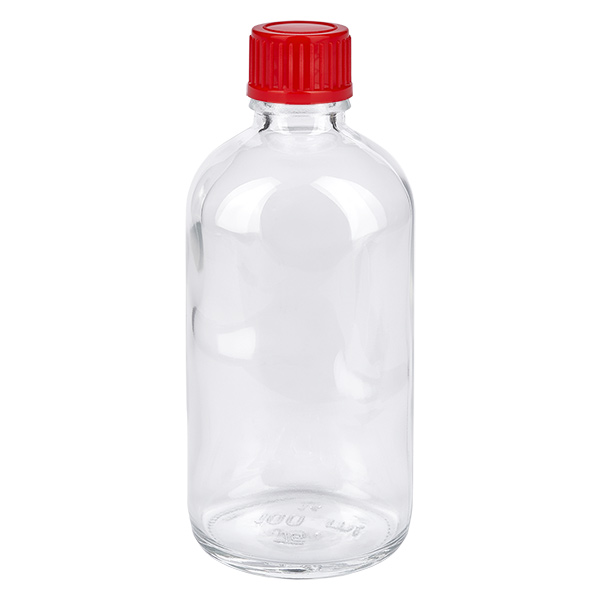 100ml flaska 11mm skruvkork röd standard ClearLine UT18/100 100 ml flaska i klart glas med rött skruvlock, 11 mm, ClearLine medicinflaska UT18/100