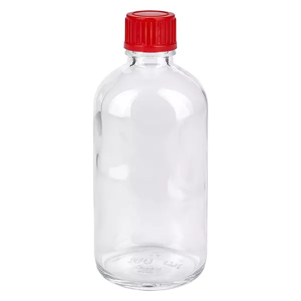 100ml flaska 11mm skruvkork röd standard ClearLine UT18/100 100 ml flaska i klart glas med rött skruvlock, 11 mm, ClearLine medicinflaska UT18/100