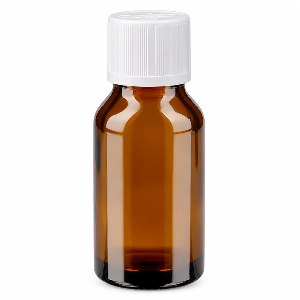 Apoteksflaska brun 15ml med skruvkork vit Barnsäker standard Brun apoteksflaska på 15 ml med vitt barnsäkert lock av brunt glas