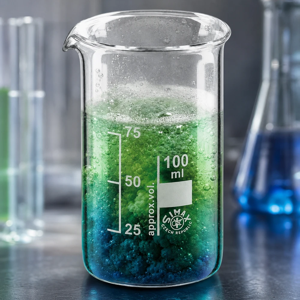 Reagerande grön blandning i ett Simax-bägarglas (100 ml, hög modell) med bildning av bubblor