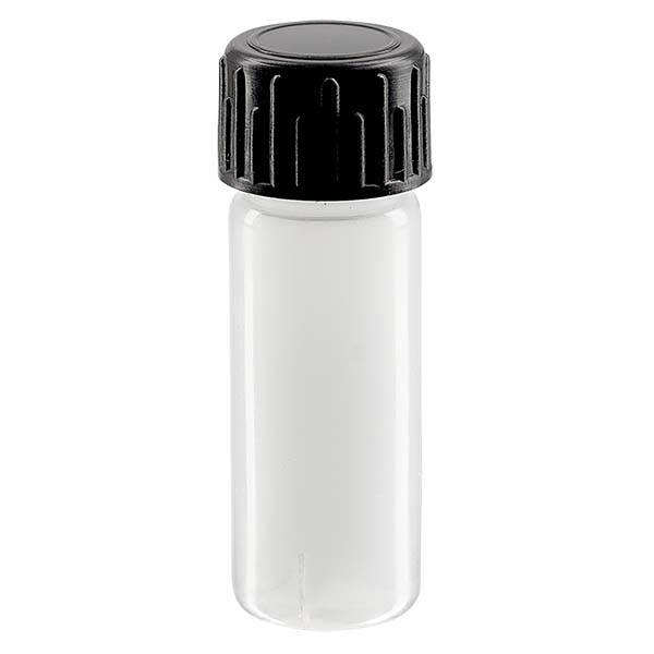 Provflaska 5ml av PE-LD, naturell komplett med svart skruvkork Provflaska 5ml av PE-LD, naturell komplett med svart skruvkork
