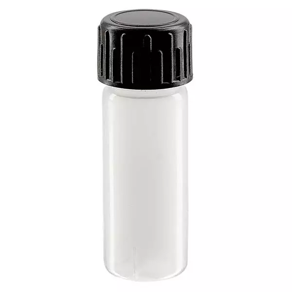 Provflaska 5ml av PE-LD, naturell komplett med svart skruvkork Provflaska 5ml av PE-LD, naturell komplett med svart skruvkork