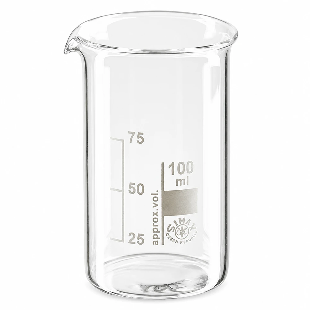 Bägare 100ml borosilikatglas, hög form Bägare, 100 ml, hög modell, av klart borosilikatglas med måttskala och pip
