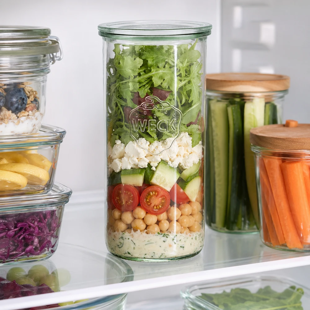 1500ml Krossade glasögon med glaslock WECK RR100 WECK 1500 ml RR100-glas i kylen fyllda med sallad i lager mellan andra Meal Prep-förvaringsburkar