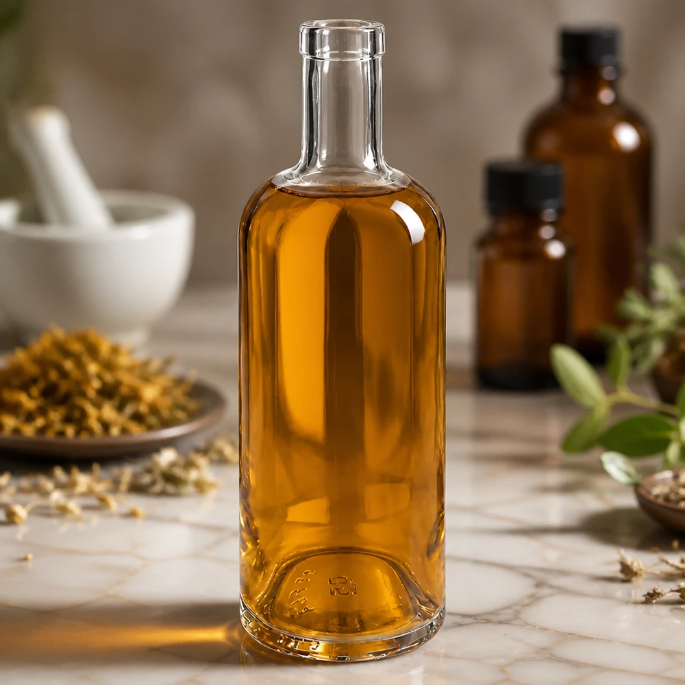 750 ml glasflaska Emma utan lock UNiTWIST® 750ml Glasflasche Emma mit goldbraunem Inhalt in apotheker-ähnlicher Umgebung mit Kräutern und Mörser dekoriert