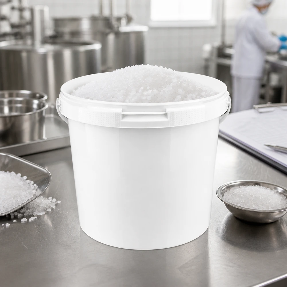 Livsmedelsgodkänd PP-hink, 5,6 liter, vit, fylld med grovkornigt salt i ett professionellt kök