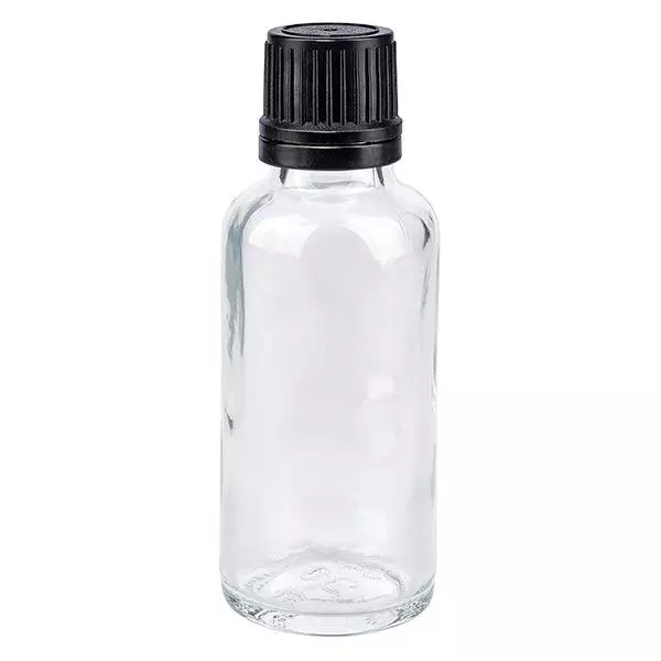 Apoteksflaska klar 30 ml skruvkork svart hällring manipulationsskyddad förslutning Apoteksflaska klar 30 ml skruvkork svart hällring manipulationsskyddad förslutning
