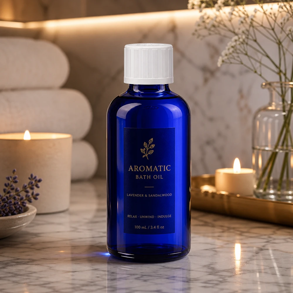 Apoteksflaska blå 50ml skruvkork vit barnsäker standard En koboltblå apotekarflaska på 50 ml med vitt KiSi-lock i en elegant badrumsmiljö