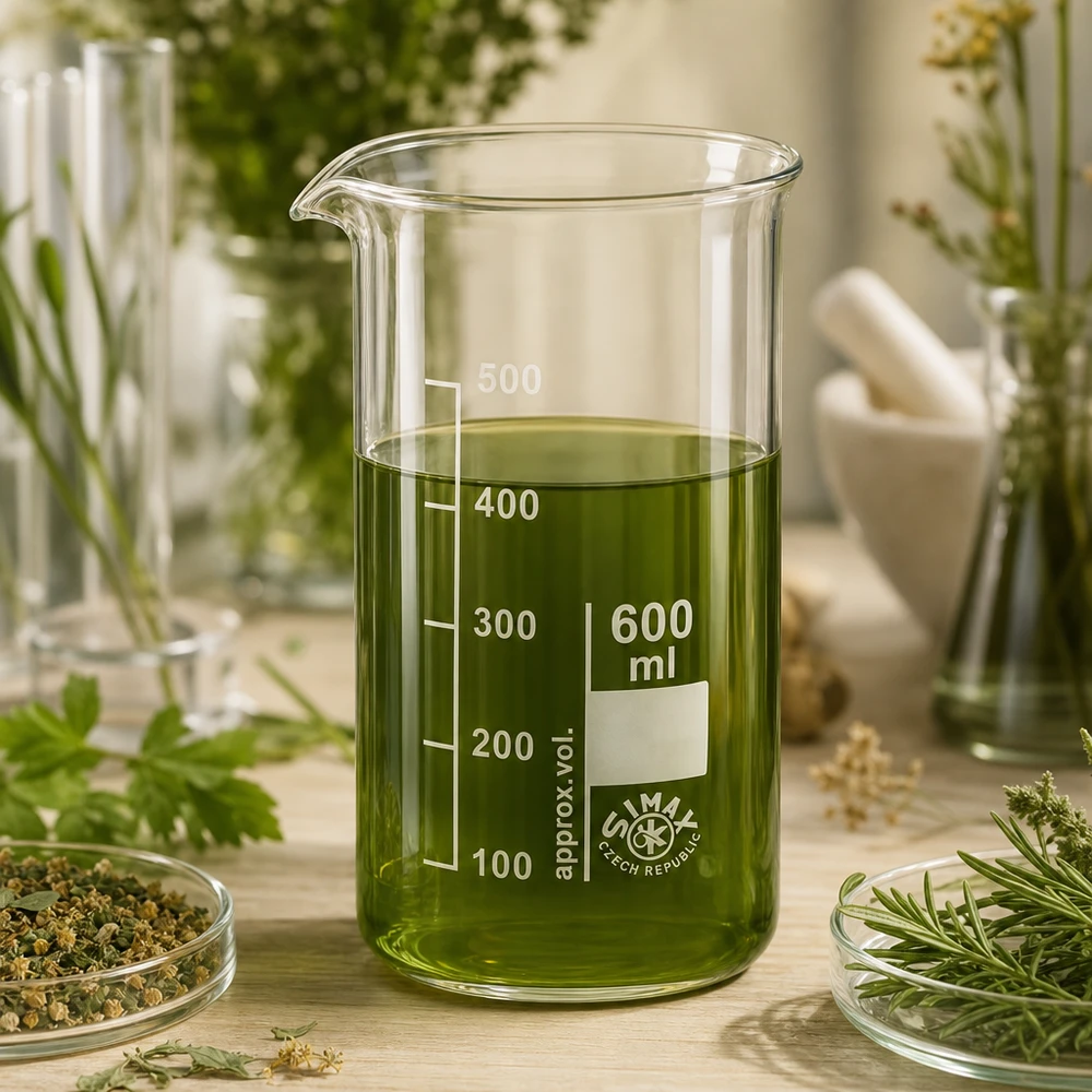 600 ml högt begerglas med grönt örtextrakt, omgivet av färska medicinalväxter och rosmarinkvistar