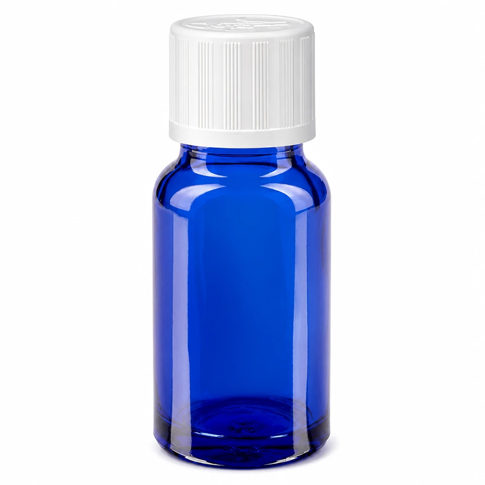 Apoteksflaska blå 10ml skruvkork vit barnsäker standard 10 ml blå apoteksflaska i glas med vitt barnsäkert lock, 11 mm