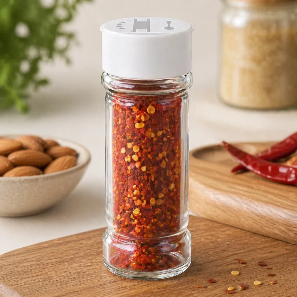 Salt- och kryddburk 100 ml med dubbel ströare, vit Kryddburk på 100 ml i klart glas, fylld med chiliflingor, på en träbricka med torkade chilifrukter