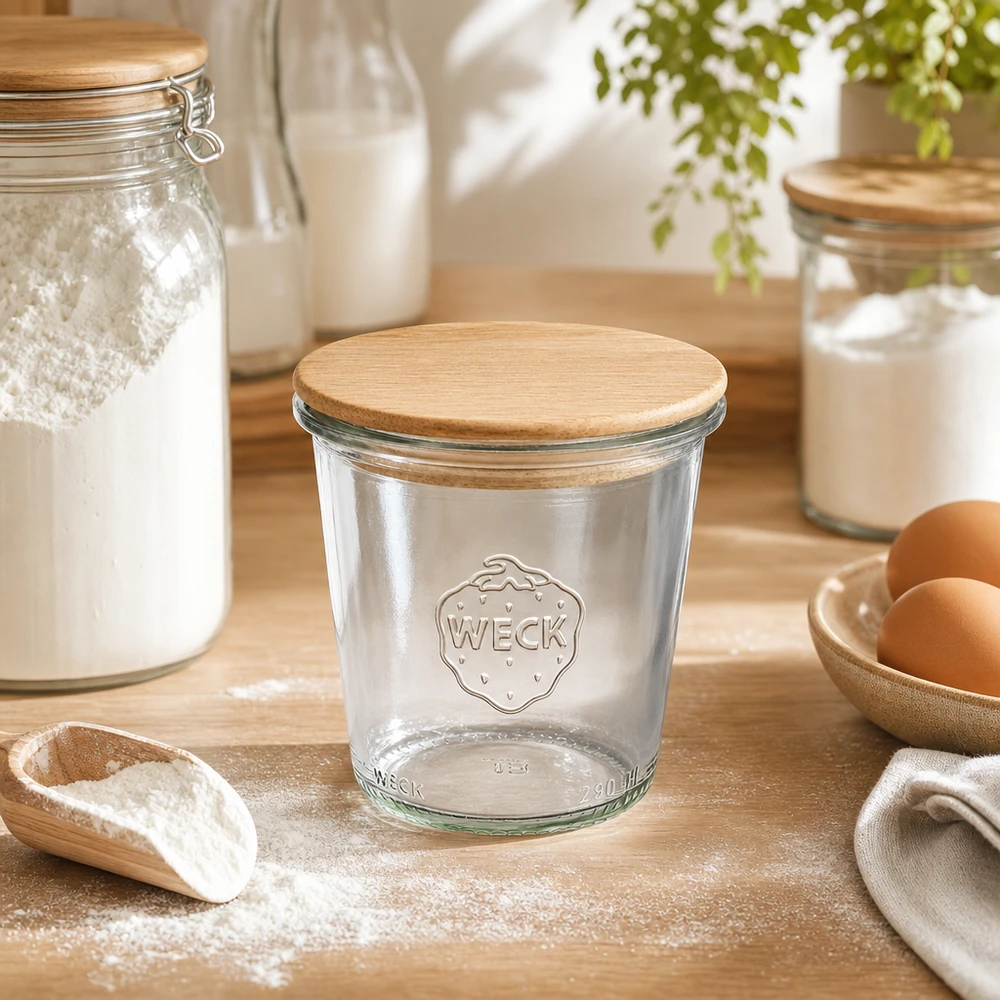 290ml Krossade glasögon WECK RR80 med trälock WECK Sturzglas 290ml RR80 mit Holzdeckel in natürlicher Küchenszene mit Mehl Eiern und Backzutaten auf Holzbrett