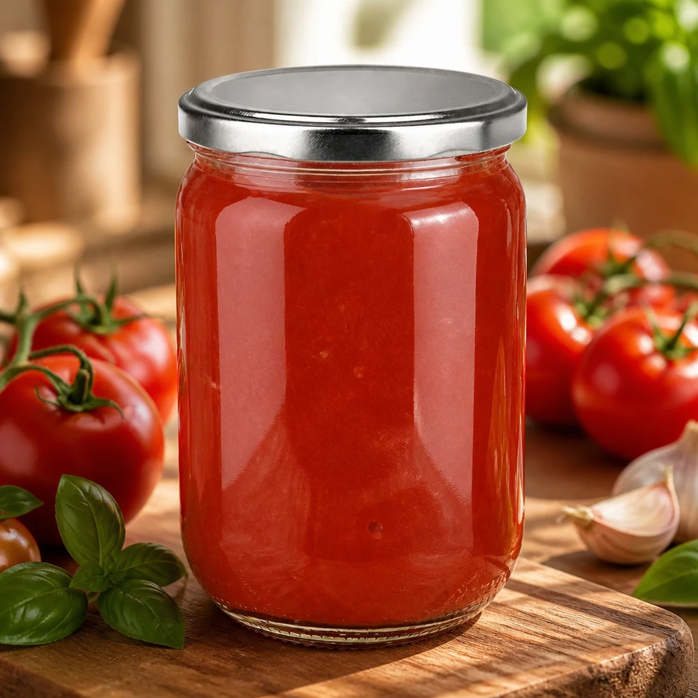 555 ml rund glasburk UNiTWIST med BasicSeal-lock i silver, fylld med röd tomatsås på en träbricka