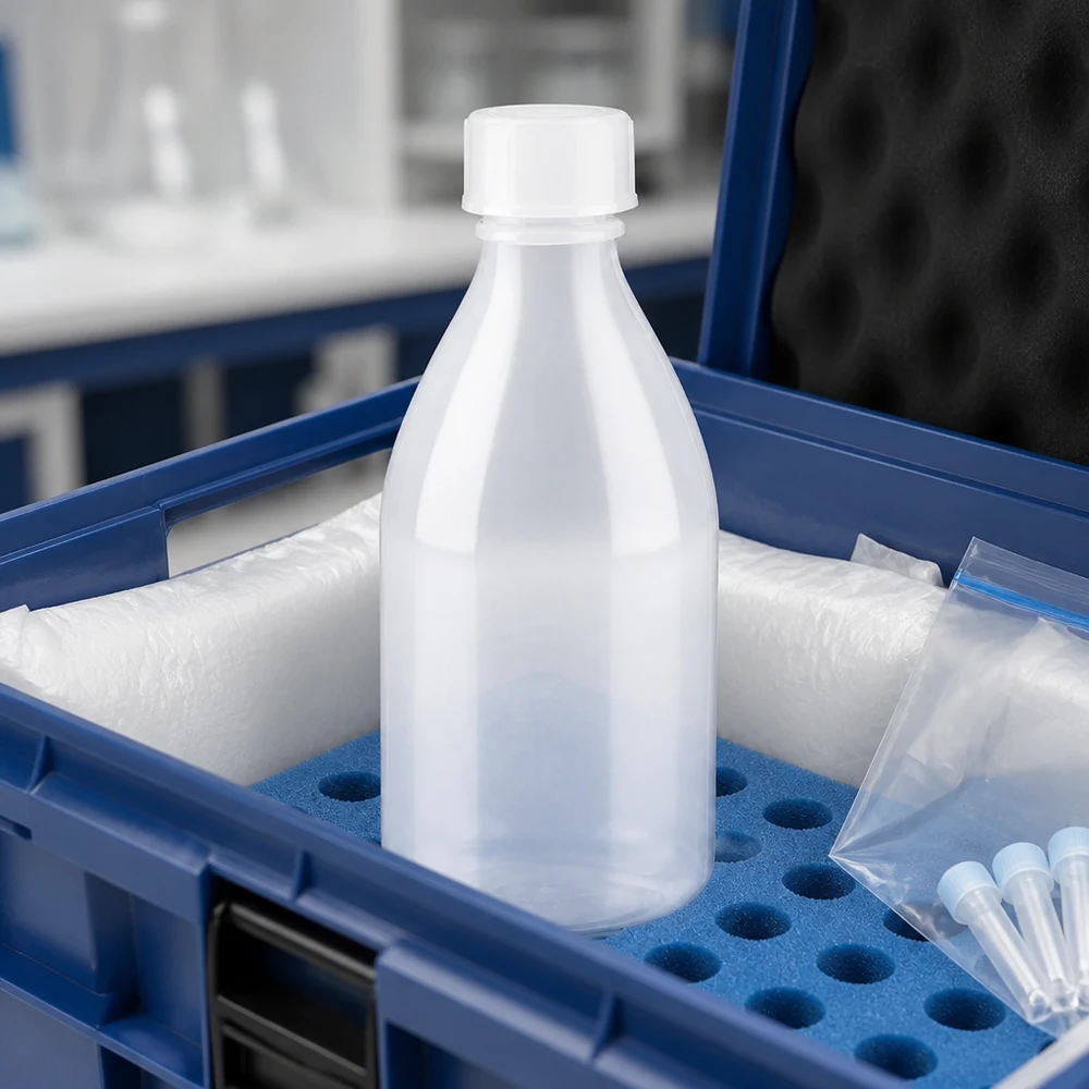 100 ml skruvflaska med smal hals i en blå laboratorielåda med skuminsats och mikrorör