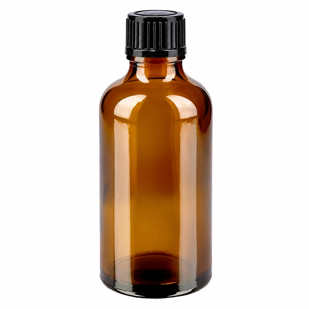 Apoteksflaska brun 50ml skruvlock svart standard 50 ml brun apotekarflaska i glas med svart skruvlock, 11 mm standard