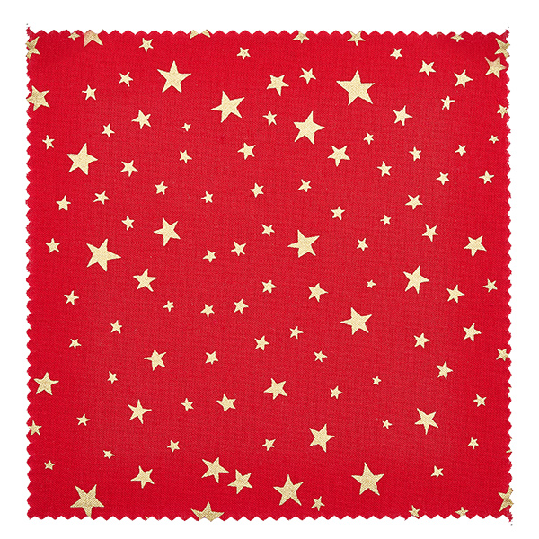 Material-servett, röd, Stjärnor, 12 cm, kvadratisk Dukduk i rött tyg med guldstjärnmönster närbild 12cm kvadrat smyckesdukduk detalj