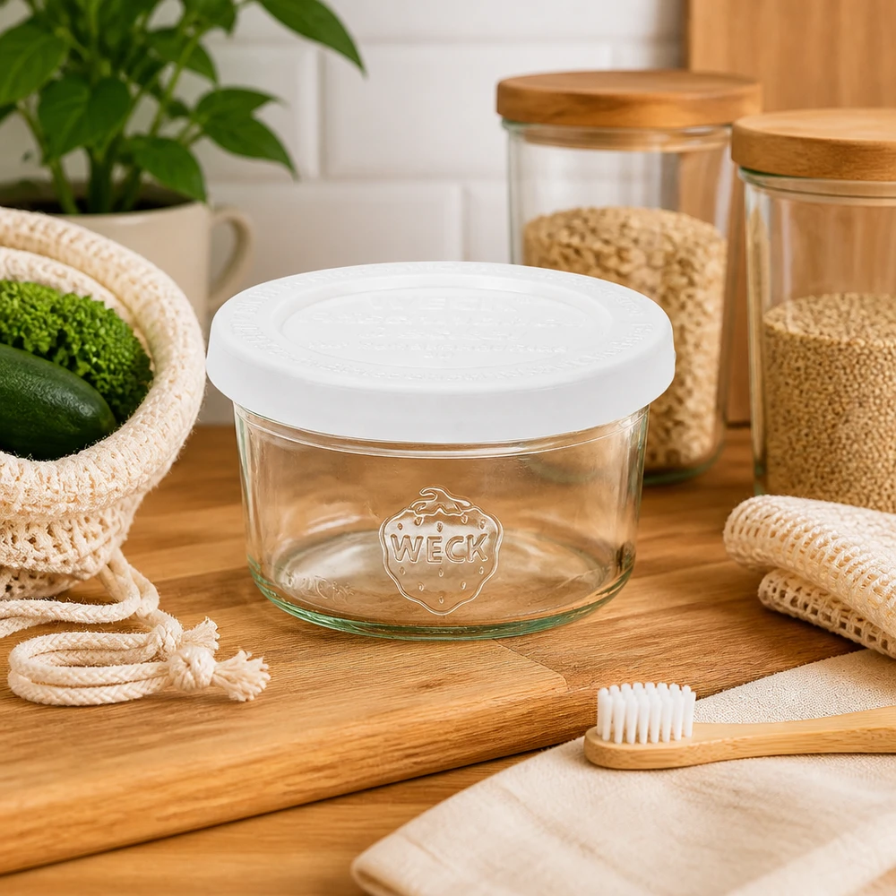 50ml Krossade glasögon med friskhetslock WECK RR60 WECK 50 ml tumlare RR60 med vitt lock i hållbart kök med bambutandborste och zero waste-produkter