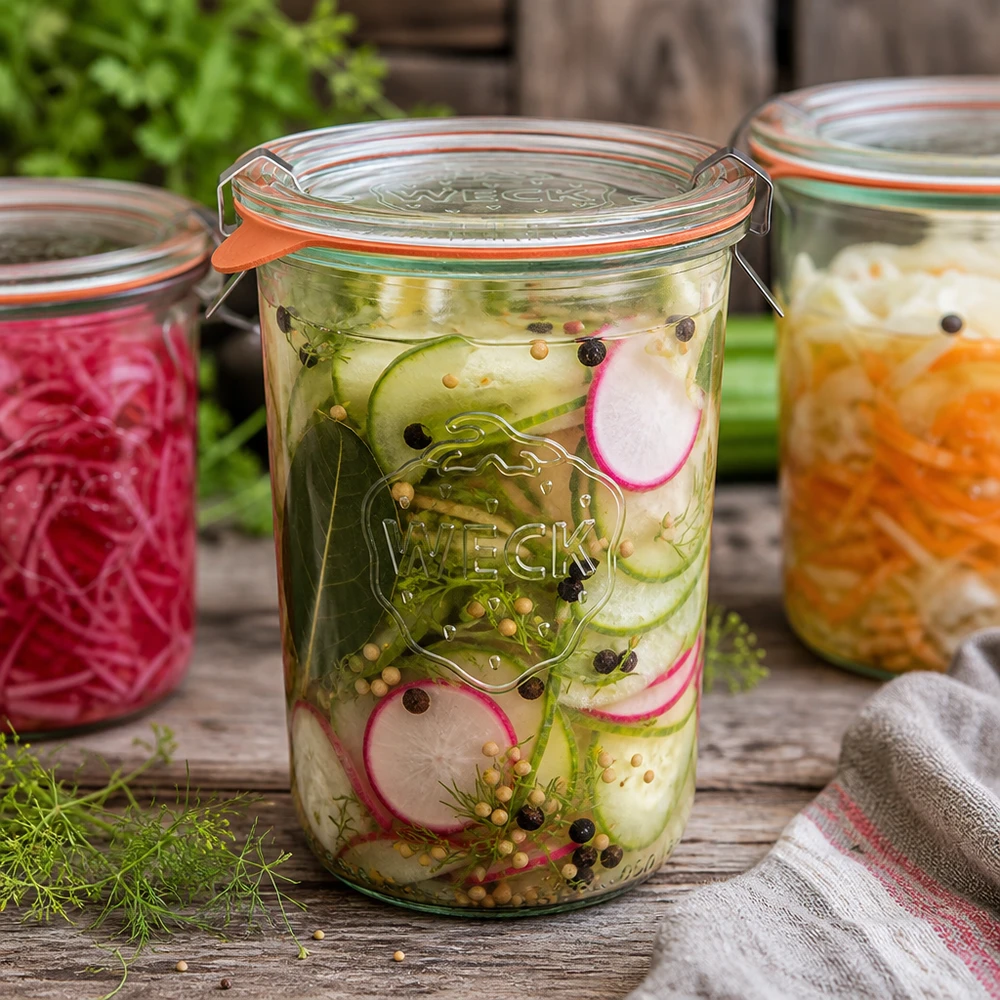 850ml krossade glasögon komplett WECK RR100 WECK RR100 Sturzglas 850ml mit eingelegtem Gurken-Radieschen-Salat zeigt perfekte Fermentation und Konservierung