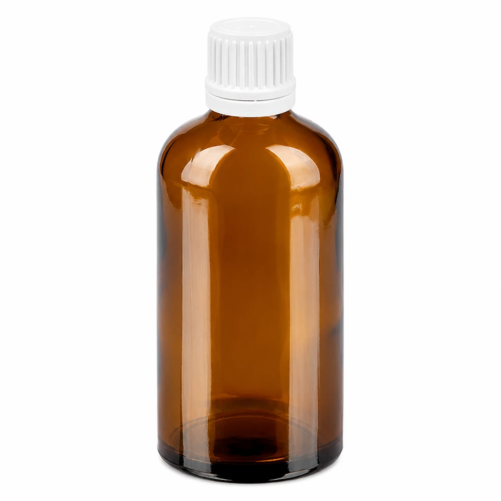 100 ml bärnstensfärgad glasflaska med vitt skruvlock för läkemedel och kosmetika